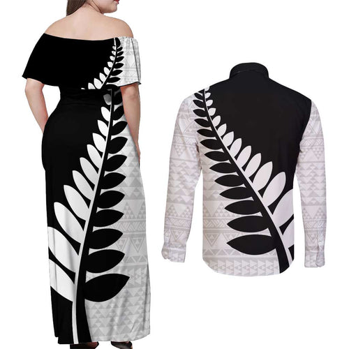 New Zealand Silver Fern Niho Taniwha Couples Matching Off Shoulder Maxi Dress and Long Sleeve Button Shirt