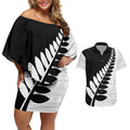 New Zealand Silver Fern Niho Taniwha Couples Matching Off Shoulder Short Dress and Hawaiian Shirt