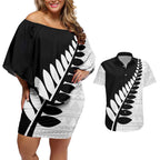 New Zealand Silver Fern Niho Taniwha Couples Matching Off Shoulder Short Dress and Hawaiian Shirt