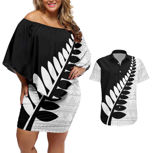 New Zealand Silver Fern Niho Taniwha Couples Matching Off Shoulder Short Dress and Hawaiian Shirt