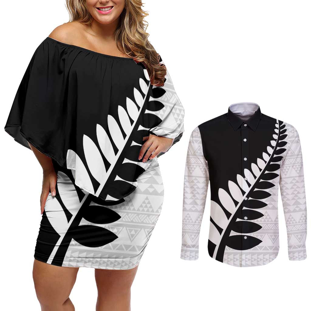 New Zealand Silver Fern Niho Taniwha Couples Matching Off Shoulder Short Dress and Long Sleeve Button Shirt