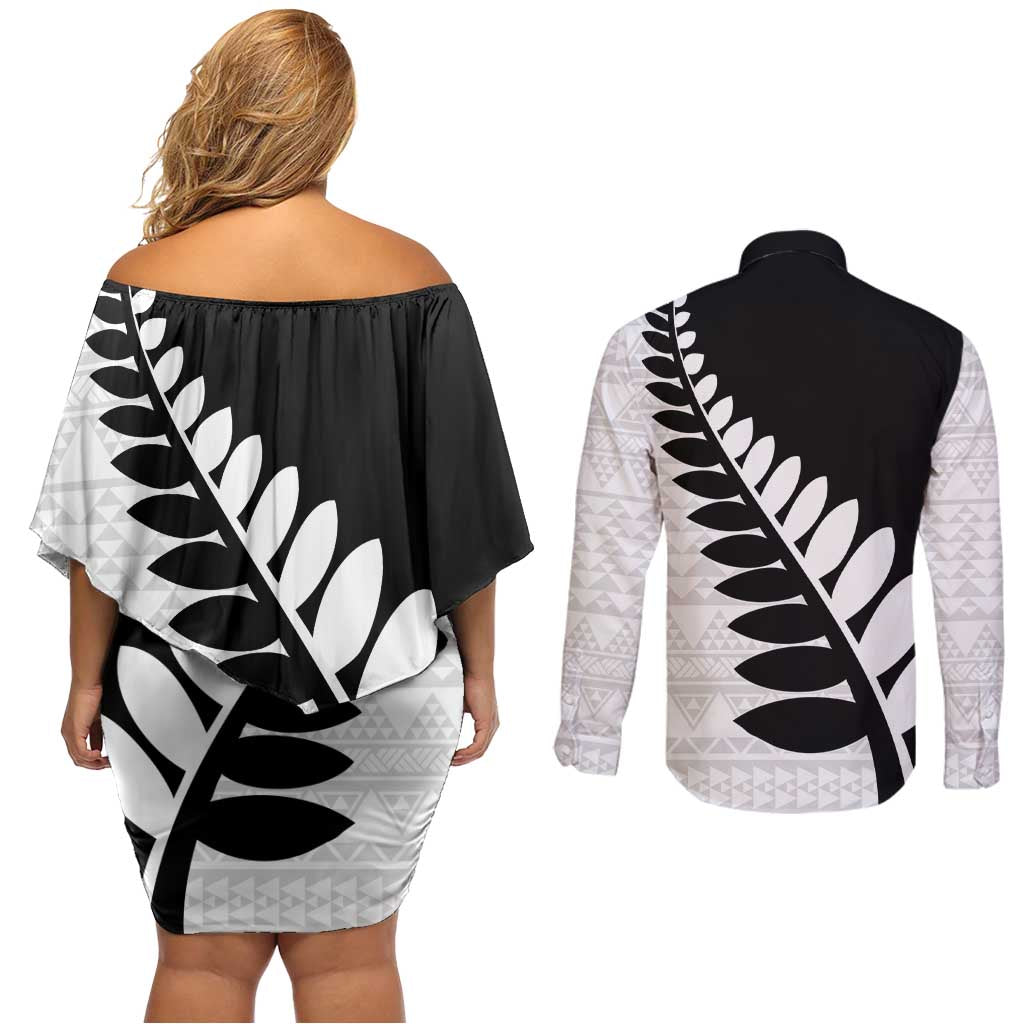 New Zealand Silver Fern Niho Taniwha Couples Matching Off Shoulder Short Dress and Long Sleeve Button Shirt