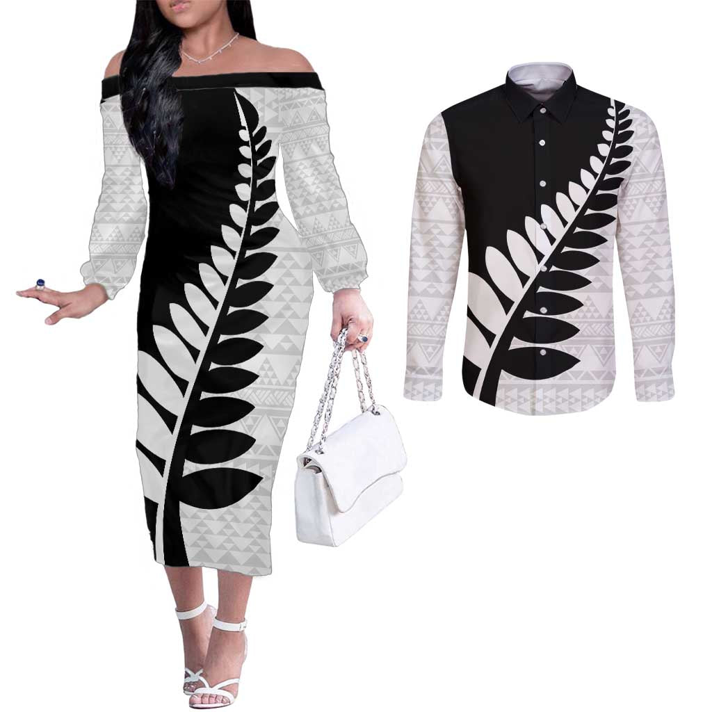 New Zealand Silver Fern Niho Taniwha Couples Matching Off The Shoulder Long Sleeve Dress and Long Sleeve Button Shirt