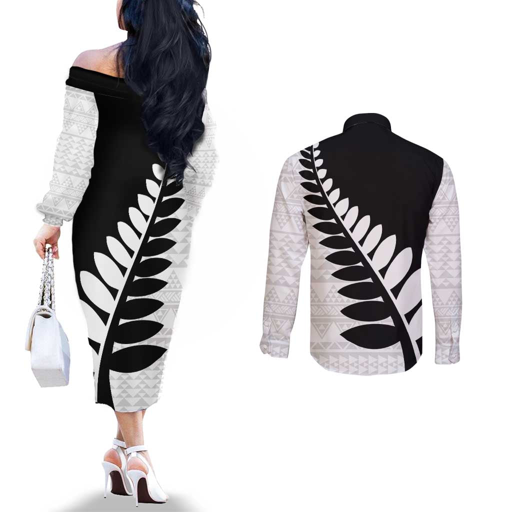 New Zealand Silver Fern Niho Taniwha Couples Matching Off The Shoulder Long Sleeve Dress and Long Sleeve Button Shirt