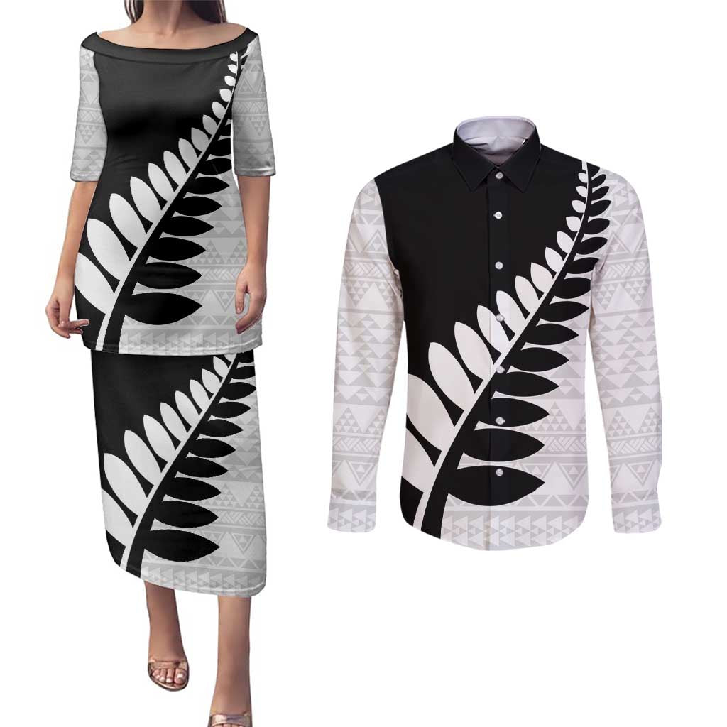 New Zealand Silver Fern Niho Taniwha Couples Matching Puletasi and Long Sleeve Button Shirt