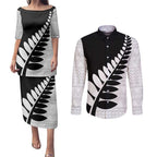 New Zealand Silver Fern Niho Taniwha Couples Matching Puletasi and Long Sleeve Button Shirt