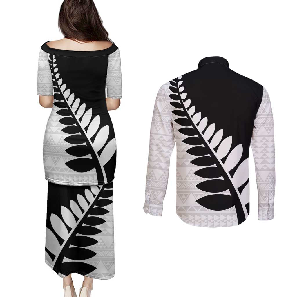 New Zealand Silver Fern Niho Taniwha Couples Matching Puletasi and Long Sleeve Button Shirt