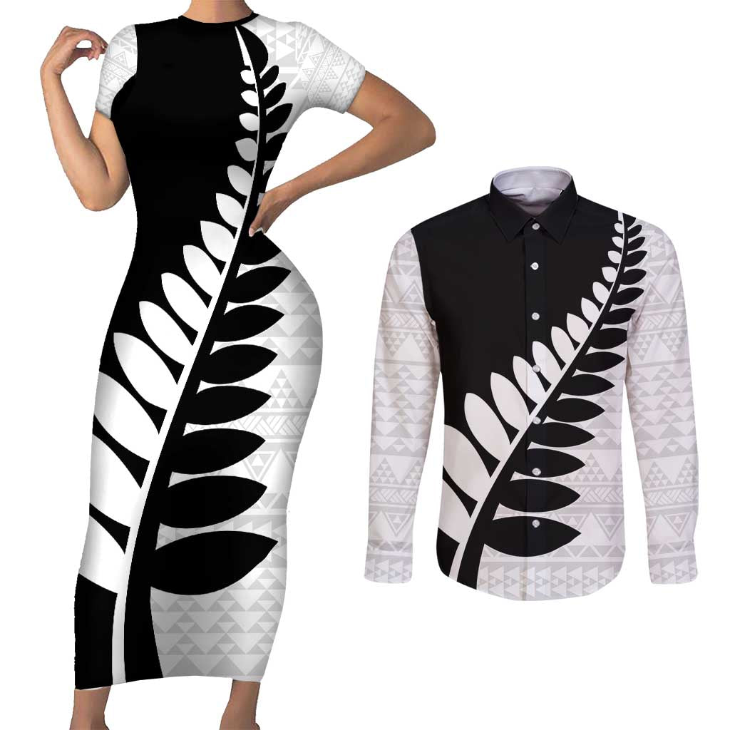 New Zealand Silver Fern Niho Taniwha Couples Matching Short Sleeve Bodycon Dress and Long Sleeve Button Shirt
