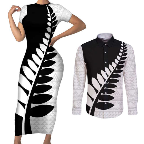New Zealand Silver Fern Niho Taniwha Couples Matching Short Sleeve Bodycon Dress and Long Sleeve Button Shirt