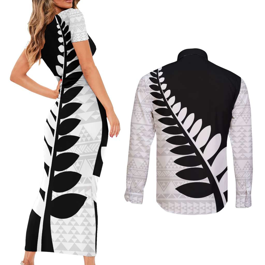 New Zealand Silver Fern Niho Taniwha Couples Matching Short Sleeve Bodycon Dress and Long Sleeve Button Shirt
