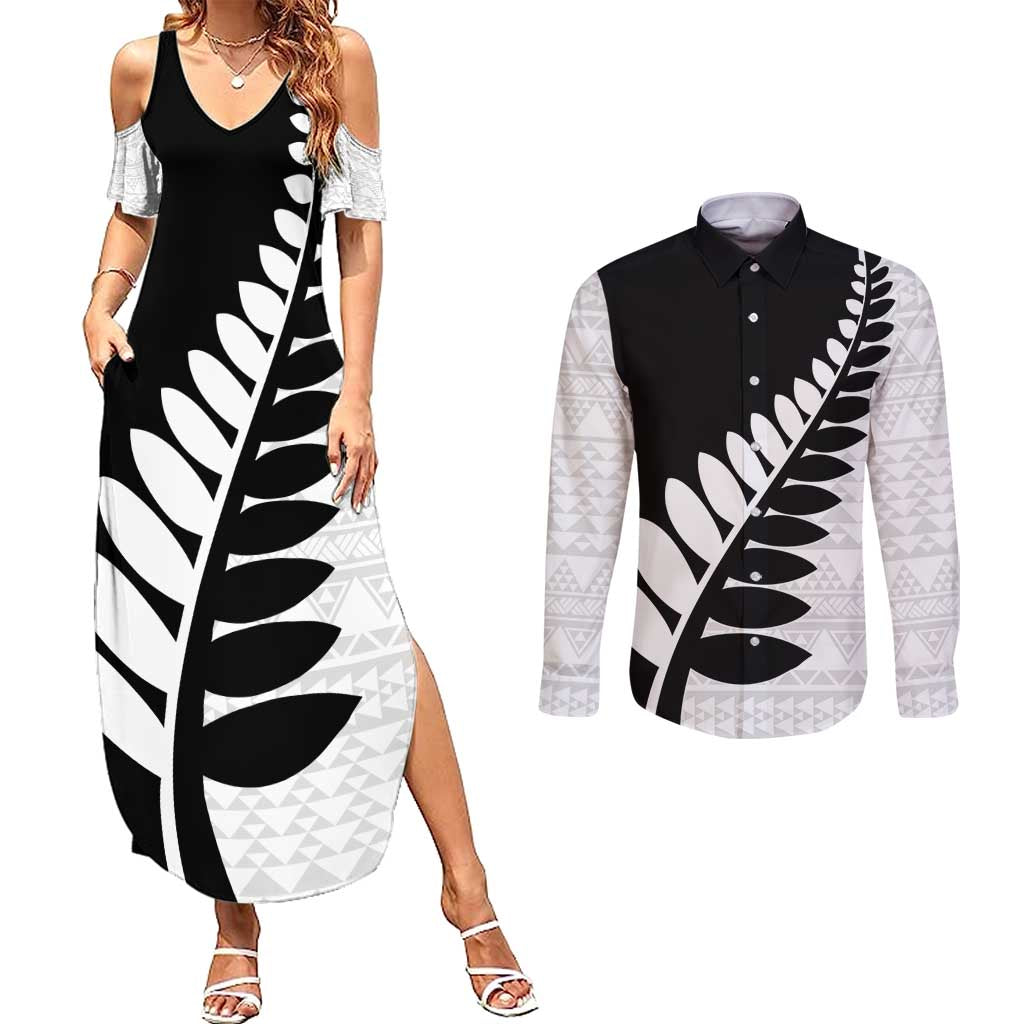 New Zealand Silver Fern Niho Taniwha Couples Matching Summer Maxi Dress and Long Sleeve Button Shirt