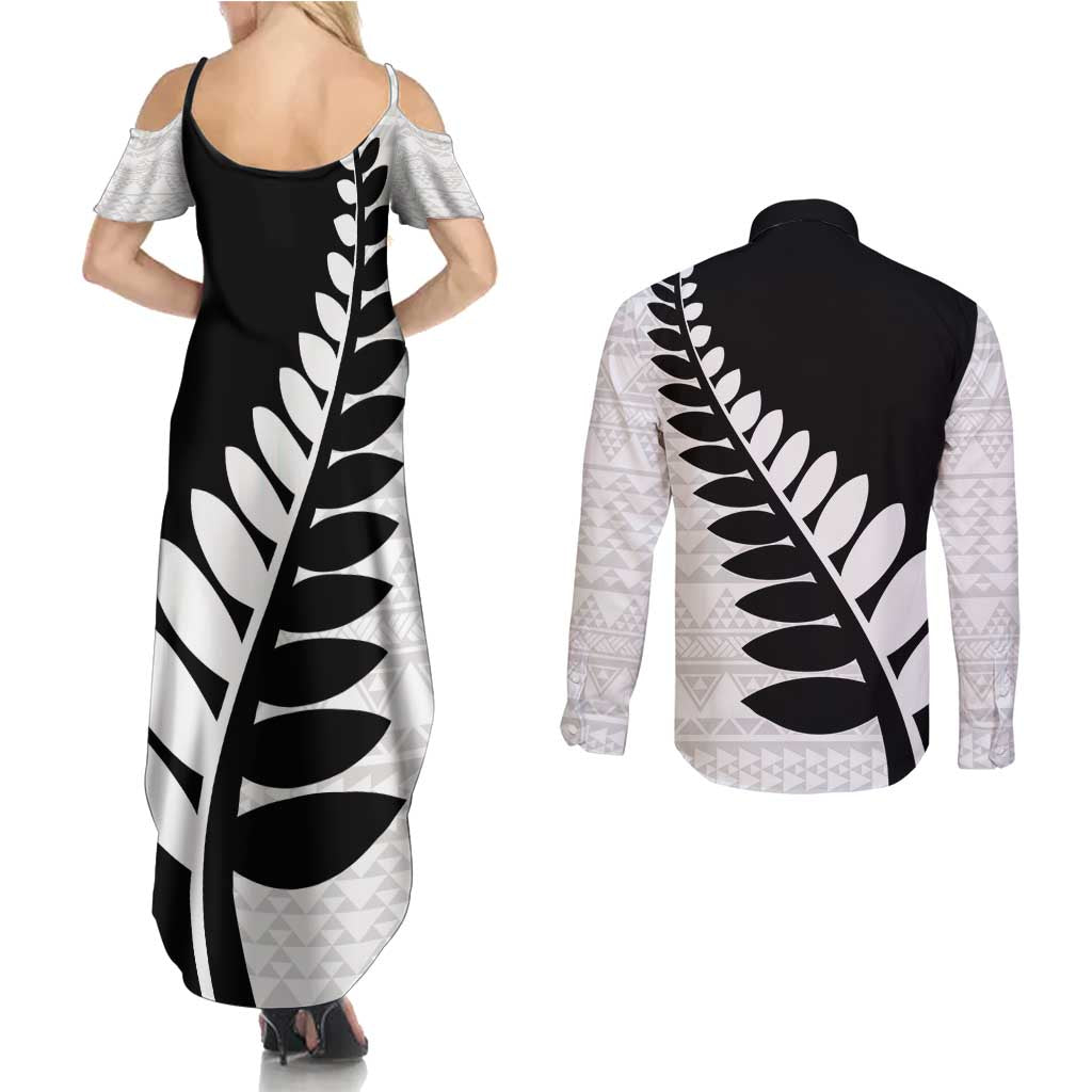 New Zealand Silver Fern Niho Taniwha Couples Matching Summer Maxi Dress and Long Sleeve Button Shirt