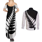 New Zealand Silver Fern Niho Taniwha Couples Matching Summer Maxi Dress and Long Sleeve Button Shirt