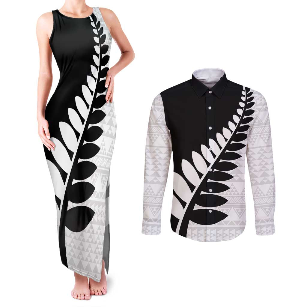 New Zealand Silver Fern Niho Taniwha Couples Matching Tank Maxi Dress and Long Sleeve Button Shirt
