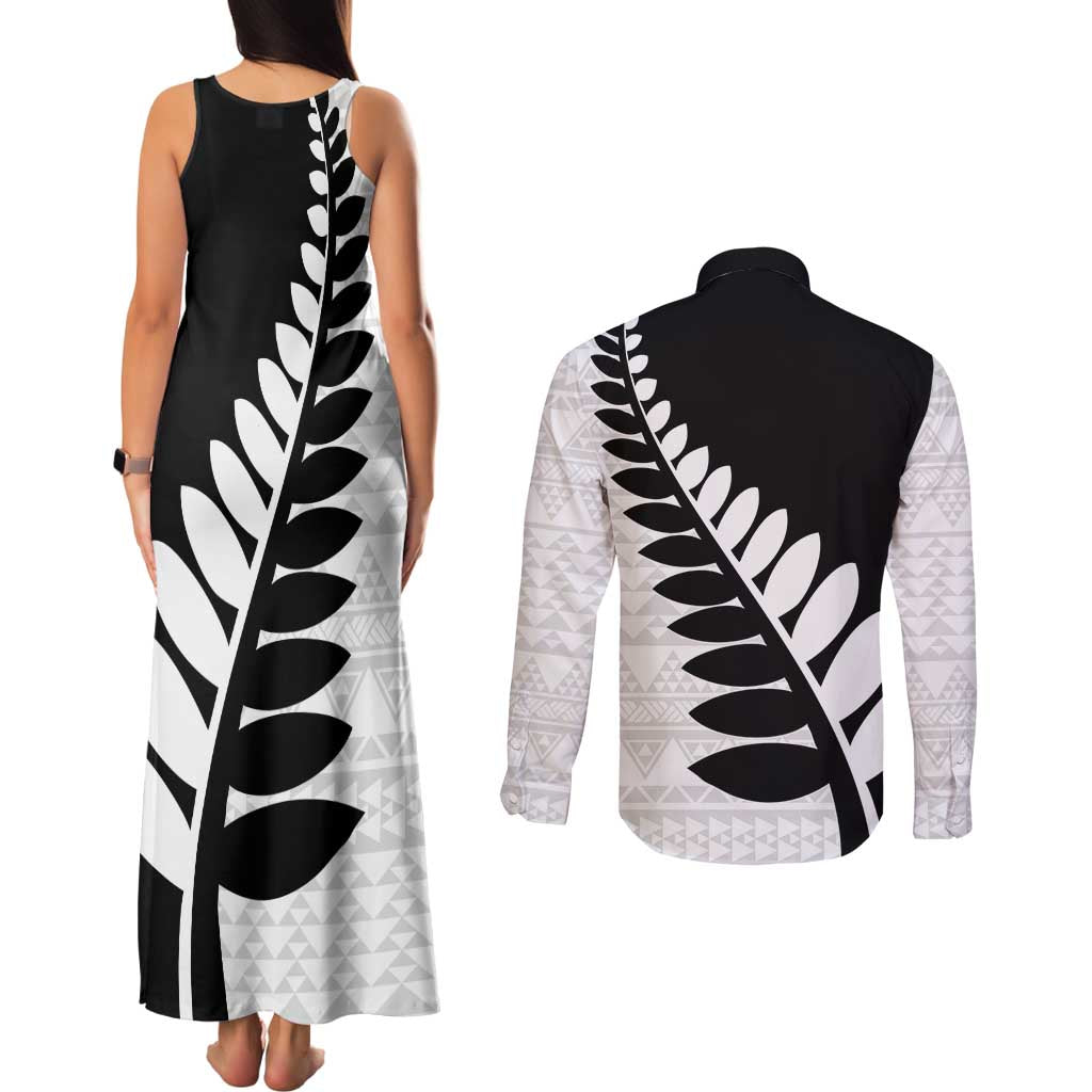 New Zealand Silver Fern Niho Taniwha Couples Matching Tank Maxi Dress and Long Sleeve Button Shirt