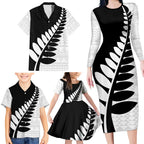 New Zealand Silver Fern Niho Taniwha Family Matching Long Sleeve Bodycon Dress and Hawaiian Shirt