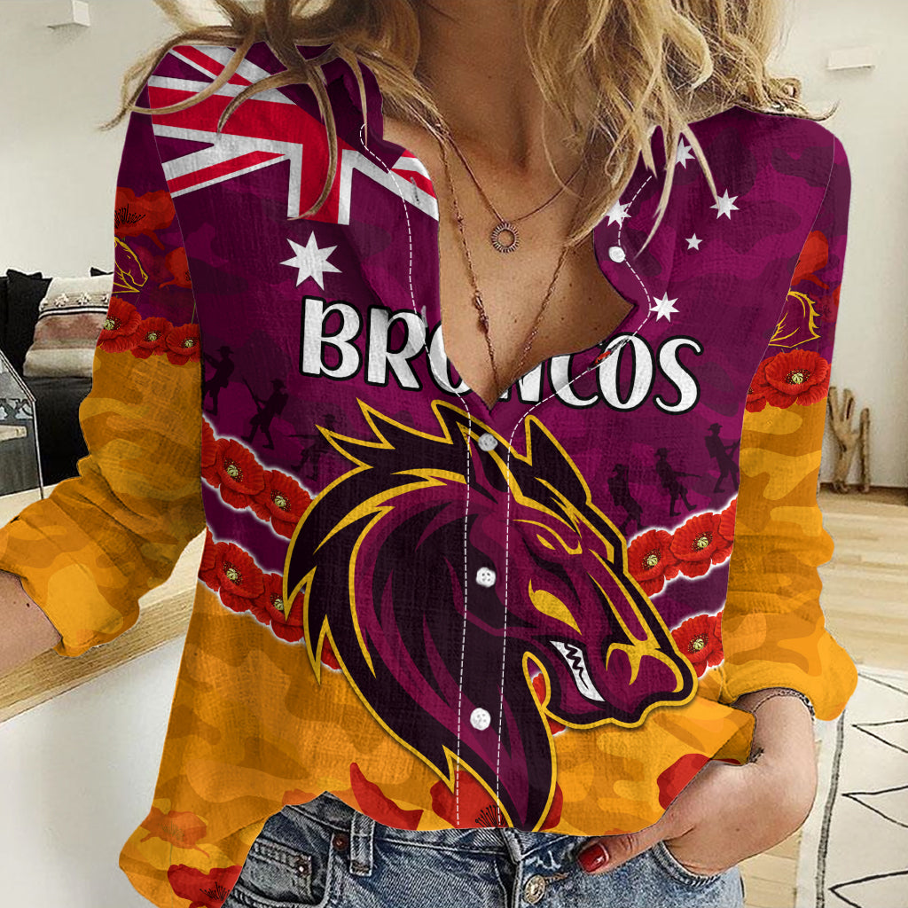 (Custom Text And Number) Broncos Rugby ANZAC Women Casual Shirt Lest We Forget LT9