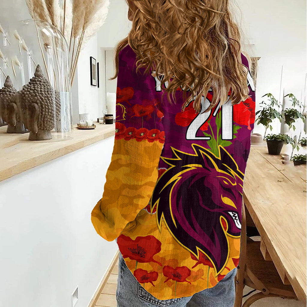 (Custom Text And Number) Broncos Rugby ANZAC Women Casual Shirt Lest We Forget LT9
