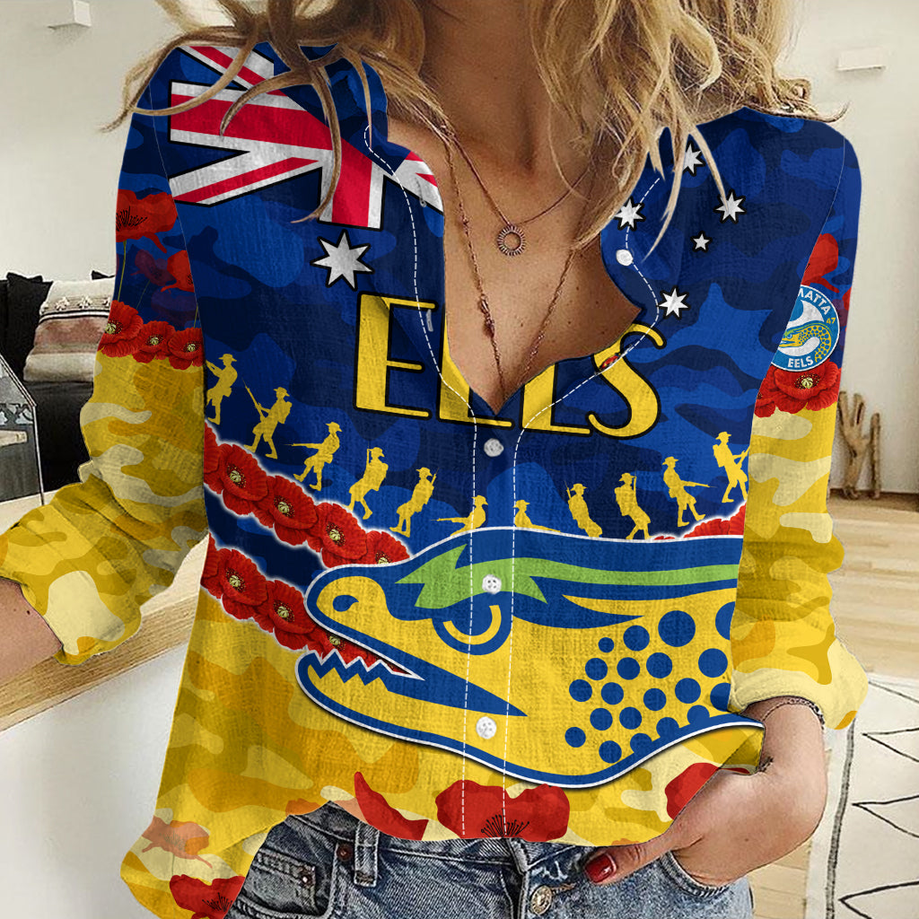 (Custom Text And Number) Eels Rugby ANZAC Women Casual Shirt Lest We Forget LT9