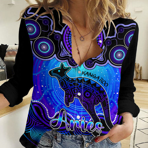 Personalised Australia Aries Kangaroo Zodiac Women Casual Shirt Auz Astrology Aboriginal - Blue LT9