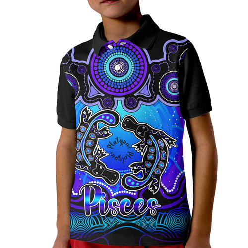 personalised-australia-pisces-platypus-zodiac-kid-polo-shirt-auz-astrology-aboriginal-blue