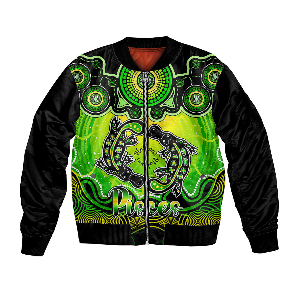 personalised-australia-pisces-platypus-zodiac-bomber-jacket-auz-astrology-aboriginal-green