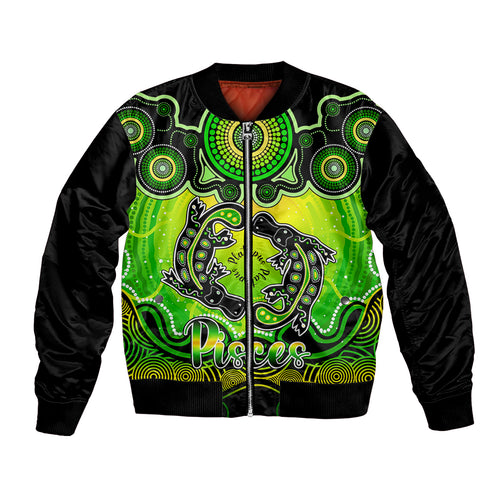 personalised-australia-pisces-platypus-zodiac-bomber-jacket-auz-astrology-aboriginal-green