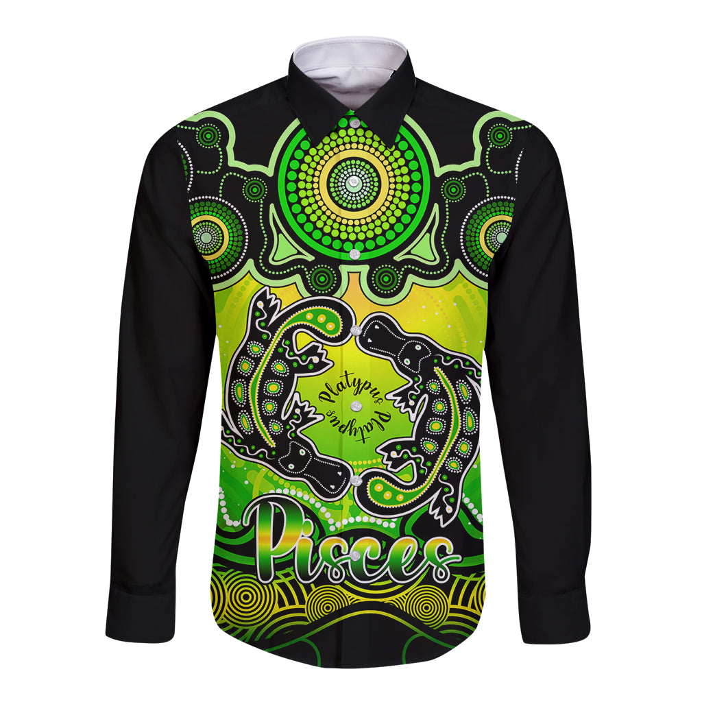 personalised-australia-pisces-platypus-zodiac-long-sleeve-button-shirt-auz-astrology-aboriginal-green