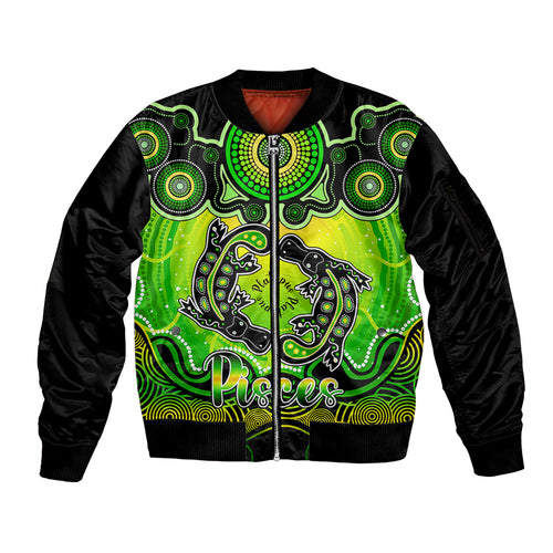 personalised-australia-pisces-platypus-zodiac-sleeve-zip-bomber-jacket-auz-astrology-aboriginal-green