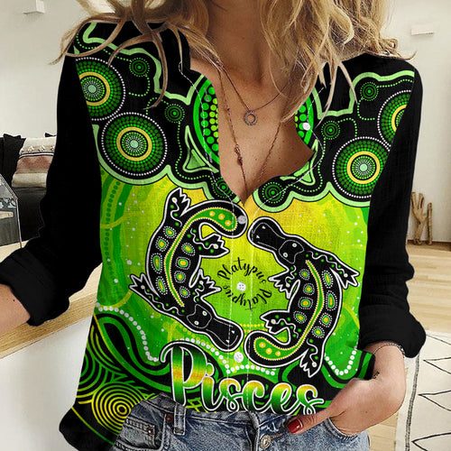 Personalised Australia Pisces Platypus Zodiac Women Casual Shirt Auz Astrology Aboriginal - Green LT9