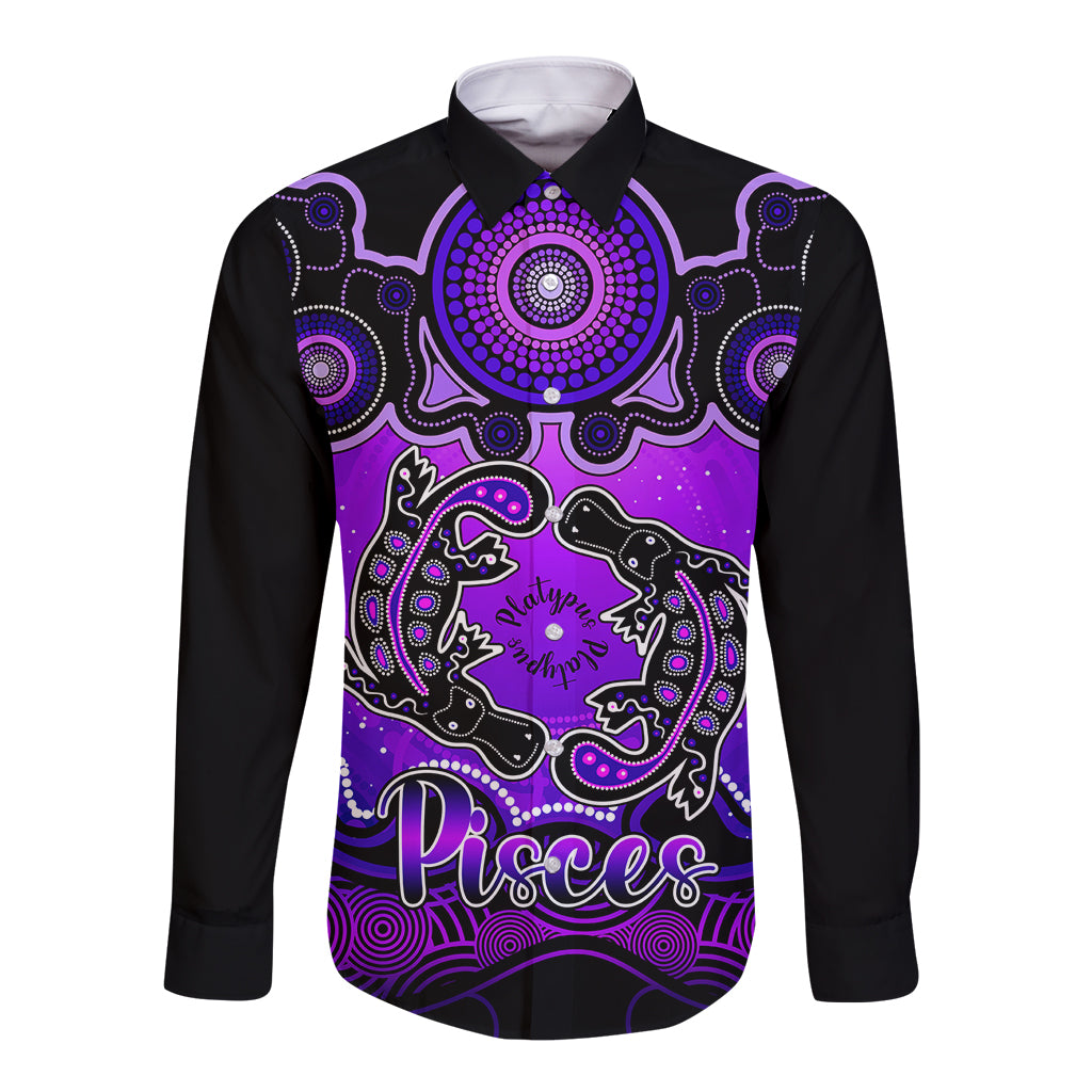 personalised-australia-pisces-platypus-zodiac-long-sleeve-button-shirt-auz-astrology-aboriginal-purple