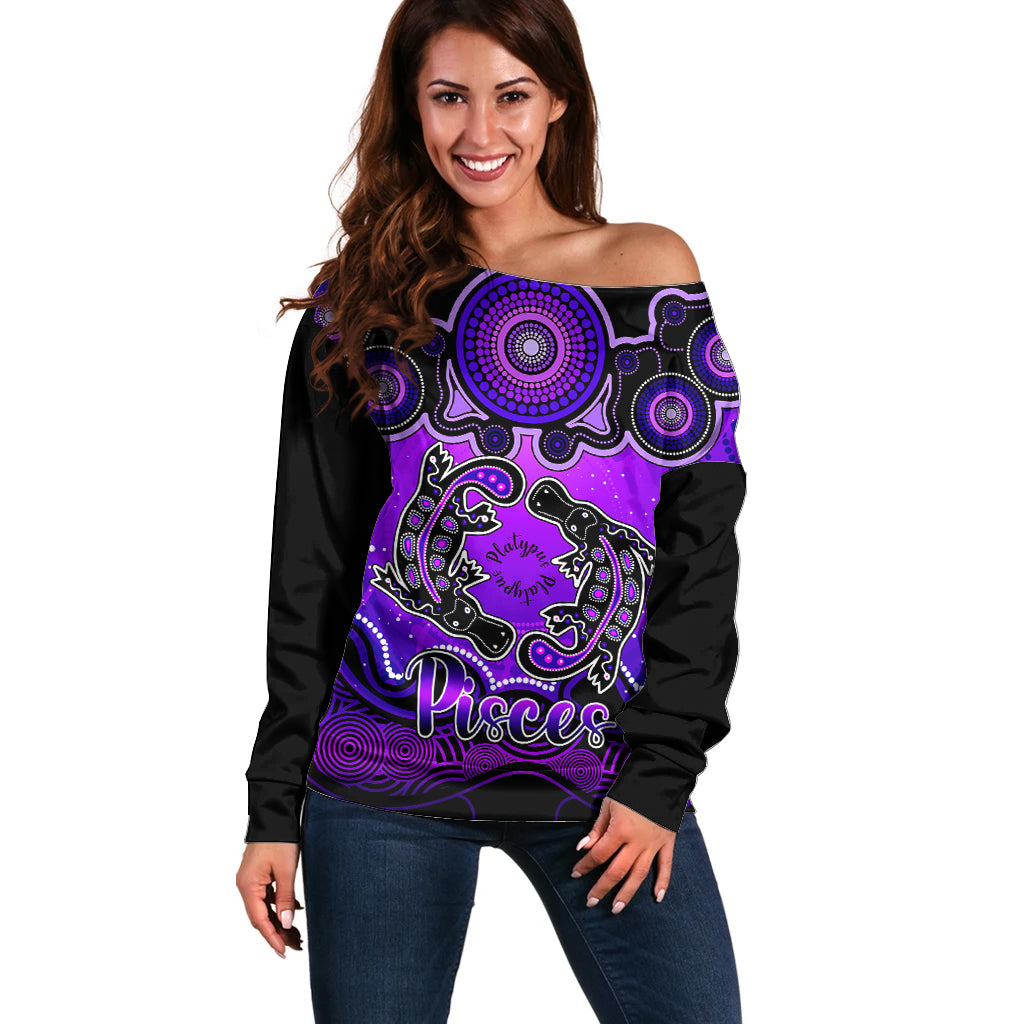 personalised-australia-pisces-platypus-zodiac-off-shoulder-sweater-auz-astrology-aboriginal-purple