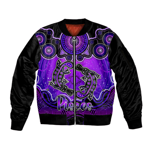 personalised-australia-pisces-platypus-zodiac-sleeve-zip-bomber-jacket-auz-astrology-aboriginal-purple