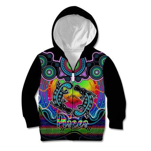 personalised-australia-pisces-platypus-zodiac-kid-hoodie-auz-astrology-aboriginal-rainbow