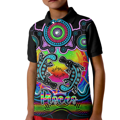 personalised-australia-pisces-platypus-zodiac-kid-polo-shirt-auz-astrology-aboriginal-rainbow