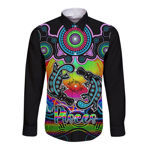 personalised-australia-pisces-platypus-zodiac-long-sleeve-button-shirt-auz-astrology-aboriginal-rainbow