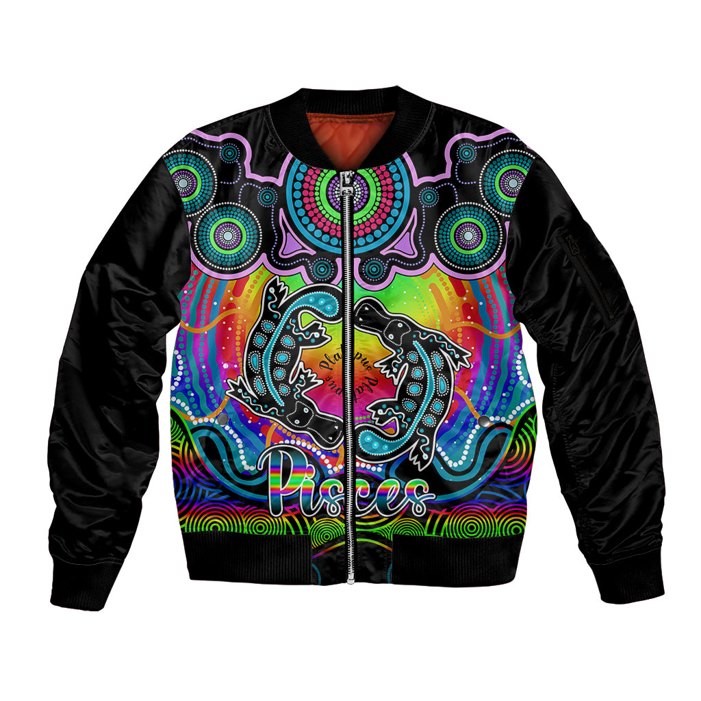 personalised-australia-pisces-platypus-zodiac-sleeve-zip-bomber-jacket-auz-astrology-aboriginal-rainbow