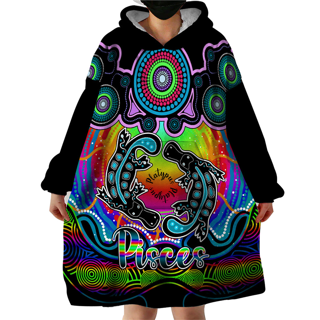 personalised-australia-pisces-platypus-zodiac-wearable-blanket-hoodie-auz-astrology-aboriginal-rainbow