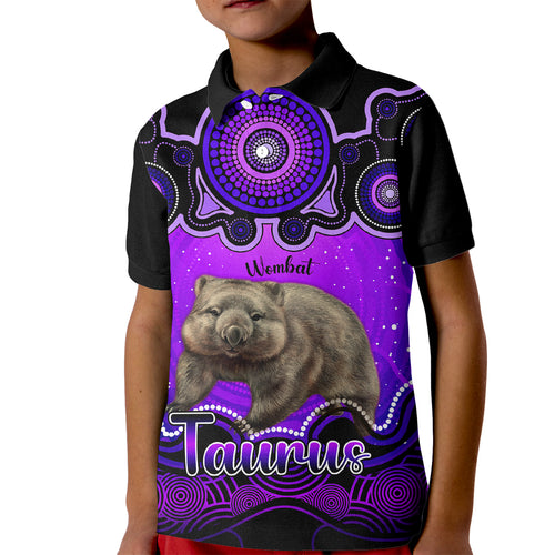 personalised-australia-taurus-wombat-zodiac-kid-polo-shirt-auz-astrology-aboriginal-purple
