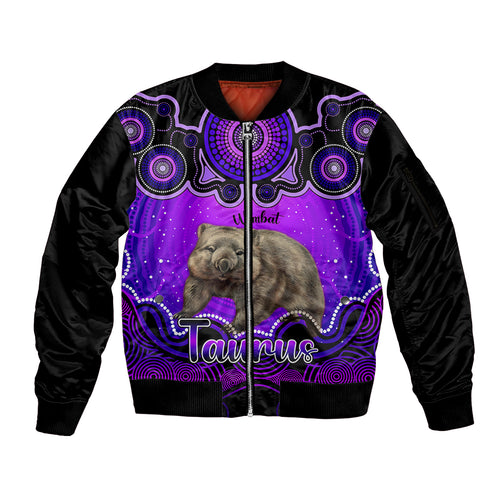personalised-australia-taurus-wombat-zodiac-sleeve-zip-bomber-jacket-auz-astrology-aboriginal-purple