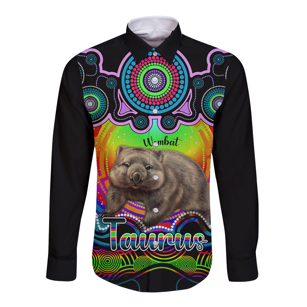 personalised-australia-taurus-wombat-zodiac-long-sleeve-button-shirt-auz-astrology-aboriginal-rainbow
