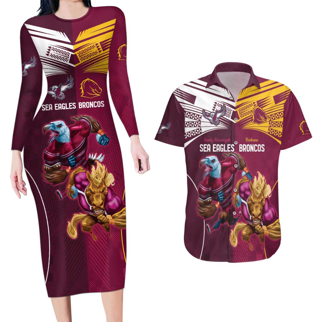 Custom Sea Eagles And Broncos Rugby Couples Matching Long Sleeve Bodycon Dress and Hawaiian Shirt Sporty Style