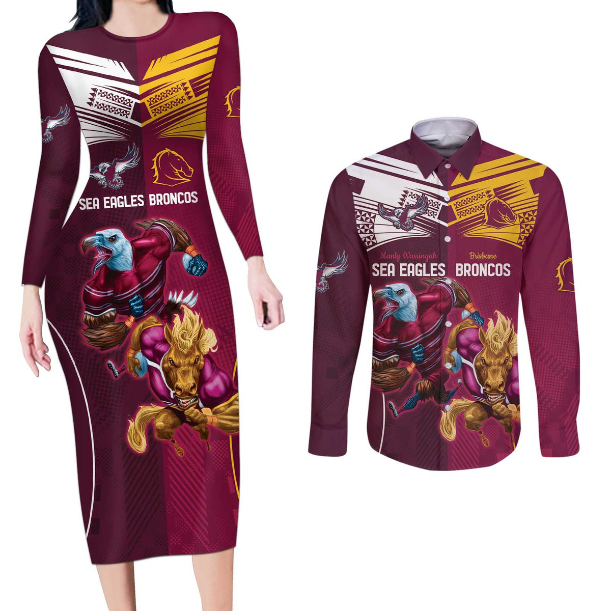 Custom Sea Eagles And Broncos Rugby Couples Matching Long Sleeve Bodycon Dress and Long Sleeve Button Shirt Sporty Style