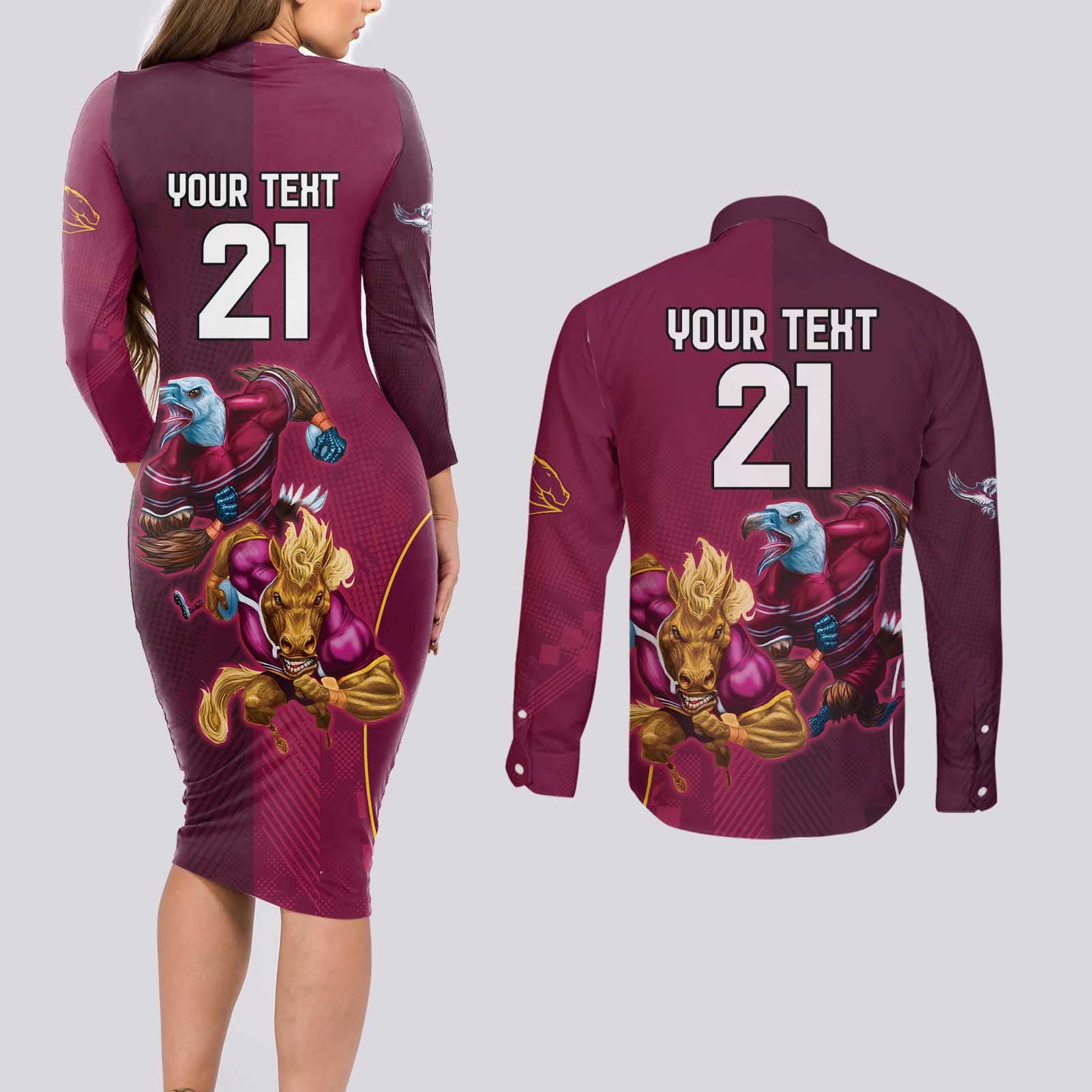Custom Sea Eagles And Broncos Rugby Couples Matching Long Sleeve Bodycon Dress and Long Sleeve Button Shirt Sporty Style