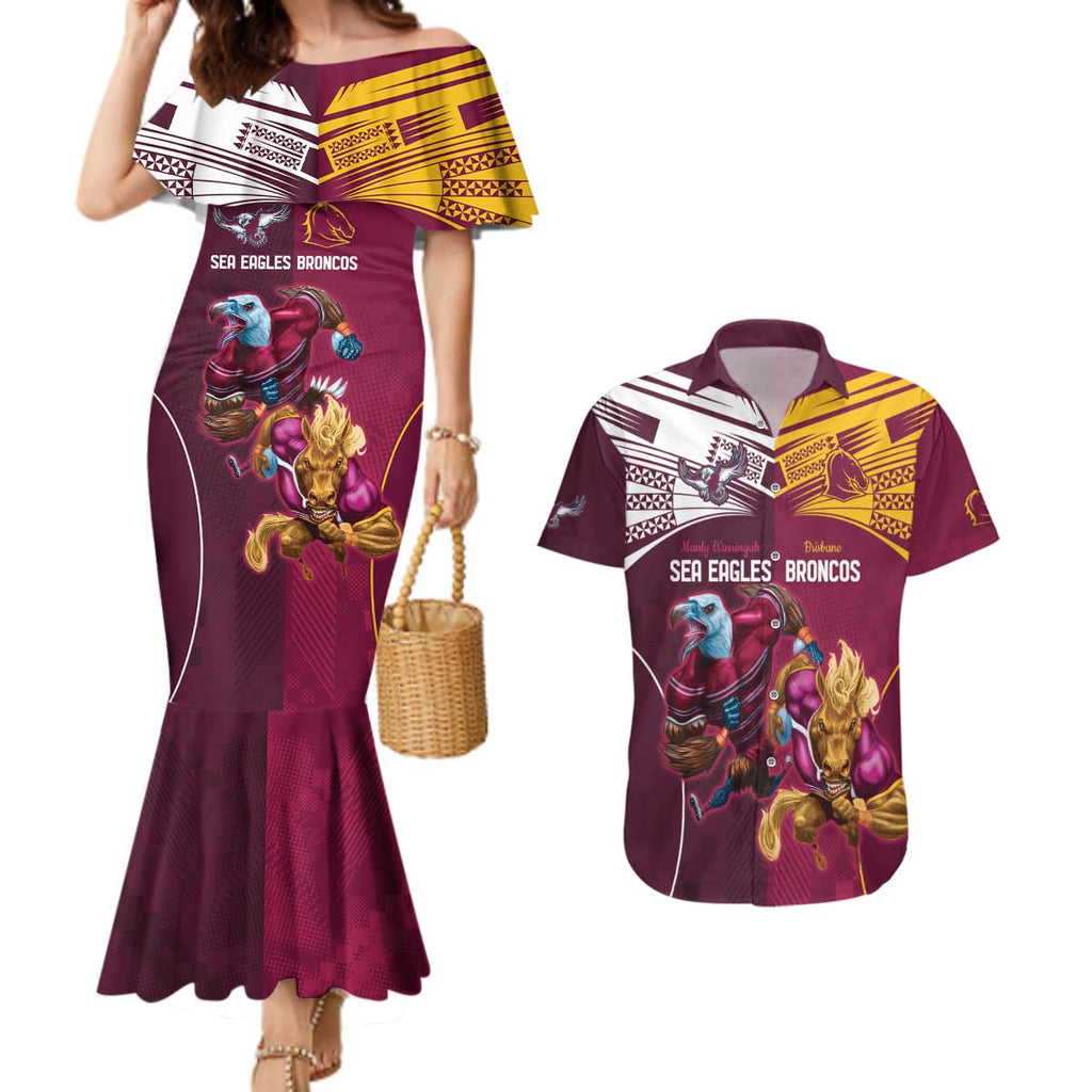 Custom Sea Eagles And Broncos Rugby Couples Matching Mermaid Dress and Hawaiian Shirt Sporty Style