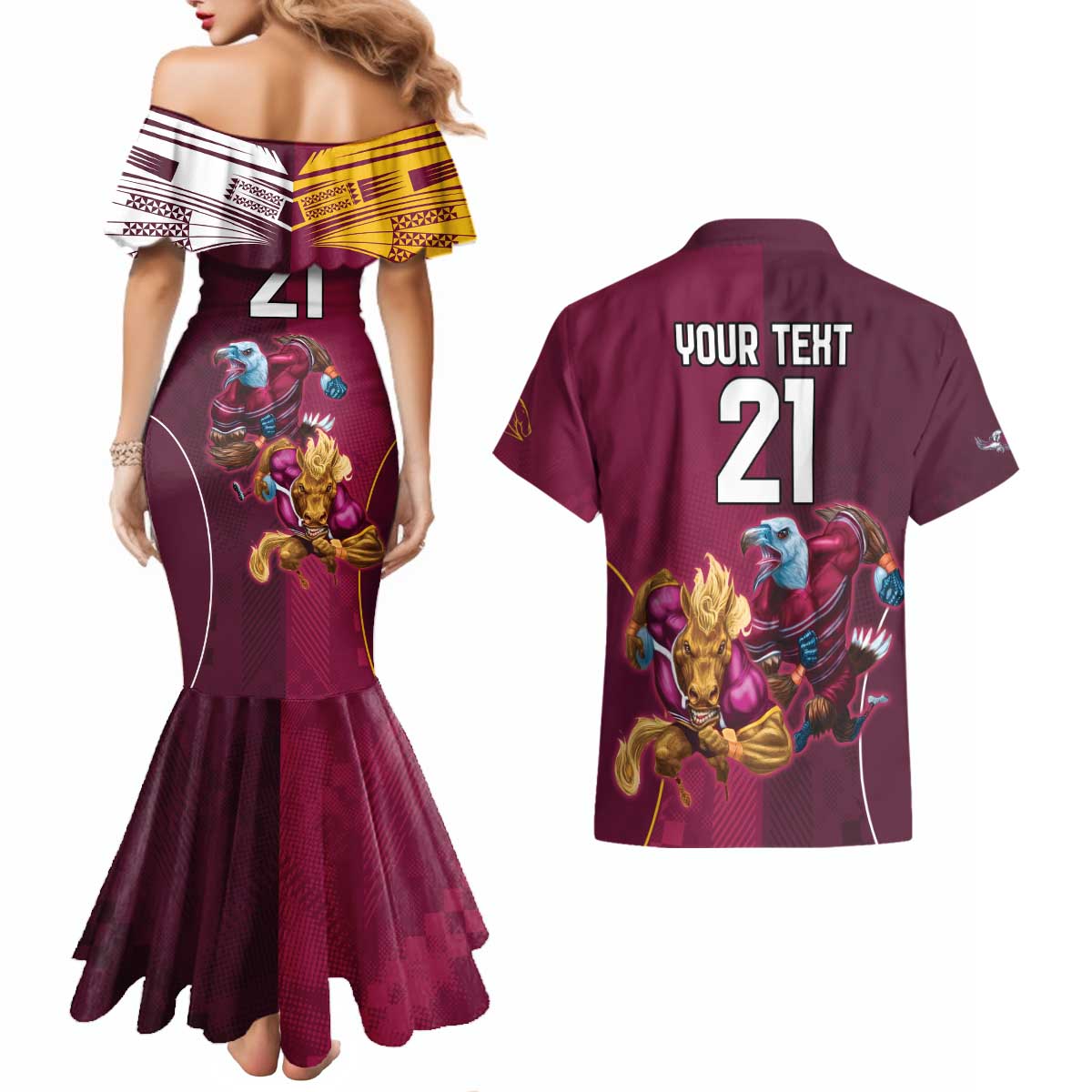 Custom Sea Eagles And Broncos Rugby Couples Matching Mermaid Dress and Hawaiian Shirt Sporty Style