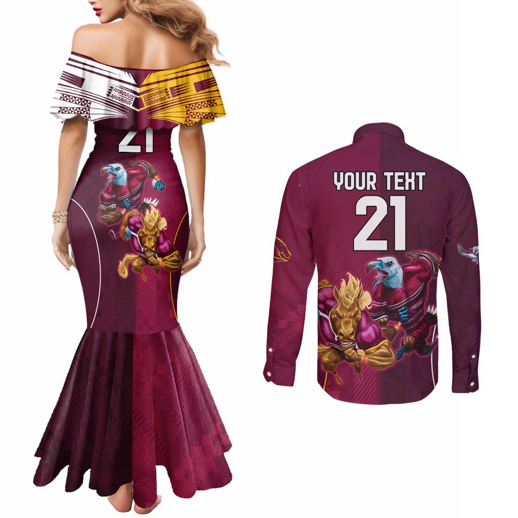 Custom Sea Eagles And Broncos Rugby Couples Matching Mermaid Dress and Long Sleeve Button Shirt Sporty Style