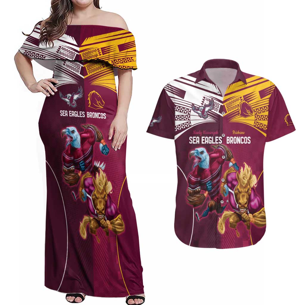 Custom Sea Eagles And Broncos Rugby Couples Matching Off Shoulder Maxi Dress and Hawaiian Shirt Sporty Style