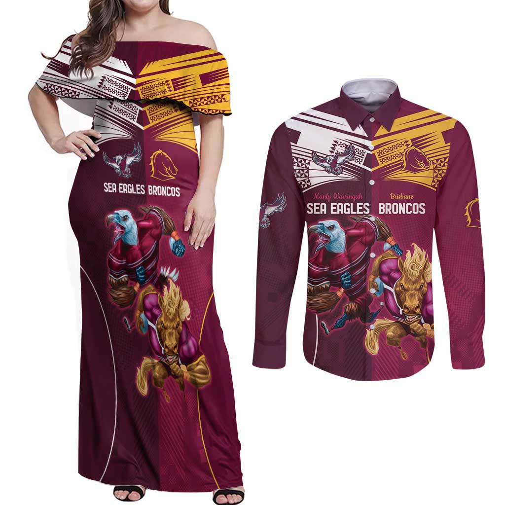 Custom Sea Eagles And Broncos Rugby Couples Matching Off Shoulder Maxi Dress and Long Sleeve Button Shirt Sporty Style