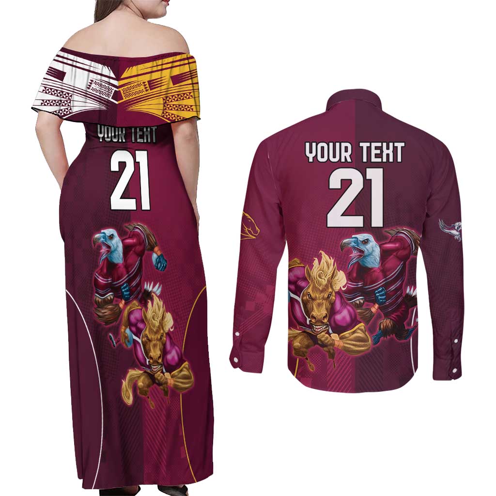 Custom Sea Eagles And Broncos Rugby Couples Matching Off Shoulder Maxi Dress and Long Sleeve Button Shirt Sporty Style